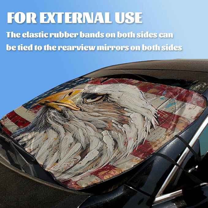 Bald Eagle American Flag Car Windshield Sunshade Folding, UV Rays Sun Shade Visor Protector, Universal Fit for SUV, Truck, Sedan, Easy to Install and Remove