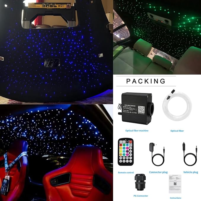 AZIMOM 16W Twinkle & Sound Activate 450pcs*0.03in*9.8ft Fiber Optic Starlight Headliner Kits for Car Home Star Ceiling Sky Decoration, APP& Remote Control Light Engine End Glow Fiber Strands