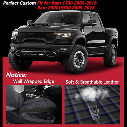 Ram 1500 Seat Covers 2009-2018 Full Set, Truck Interior Sets with Lumbar Support Custom Fit for Dodge Ram 1500/2500/3500 Crew/Quad/Mega Cab with Rear Curved Bench, Black Blue