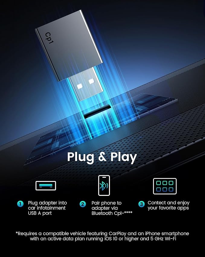 Wireless Carplay Adapter for iPhone - Plug & Play Convert Wired to Wireless CarPlay for Cars from 2016 and iOS 10+, No Latency Mini USB Type A Black