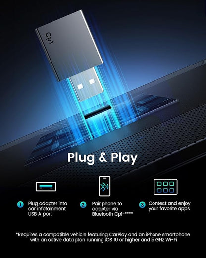 Wireless Carplay Adapter for iPhone - Plug & Play Convert Wired to Wireless CarPlay for Cars from 2016 and iOS 10+, No Latency Mini USB Type A Black