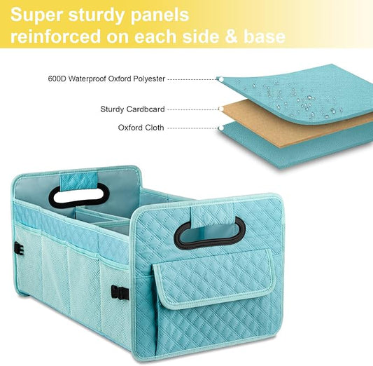 JiatuA Car Trunk Organizers and Storage for SUV, Collapsible Multi Compartment Container Box Adjustable Car Accessories for Women Men, Lake Blue