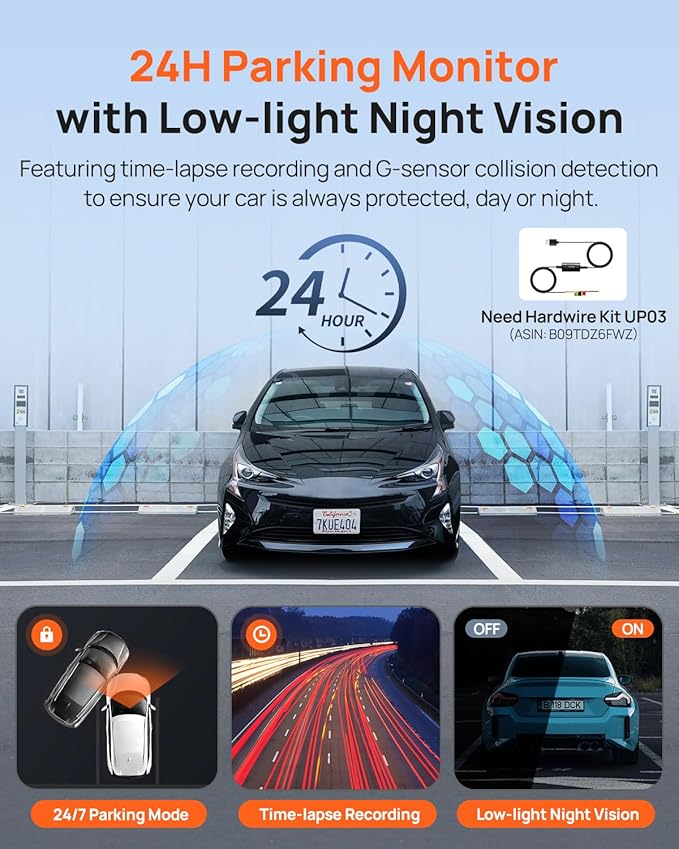 70mai Dash Cam Front and Rear - 2.5K+1080P Dual Dash Camera with HDR, Super Night Vision, F1.55 Aperture, 24H Parking Mode, Built-in Wi-Fi & GPS, G-Sensor, Loop Recording, 64GB Card Included (A410)