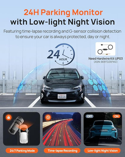 70mai Dash Cam Front and Rear - 2.5K+1080P Dual Dash Camera with HDR, Super Night Vision, F1.55 Aperture, 24H Parking Mode, Built-in Wi-Fi & GPS, G-Sensor, Loop Recording, 64GB Card Included (A410)