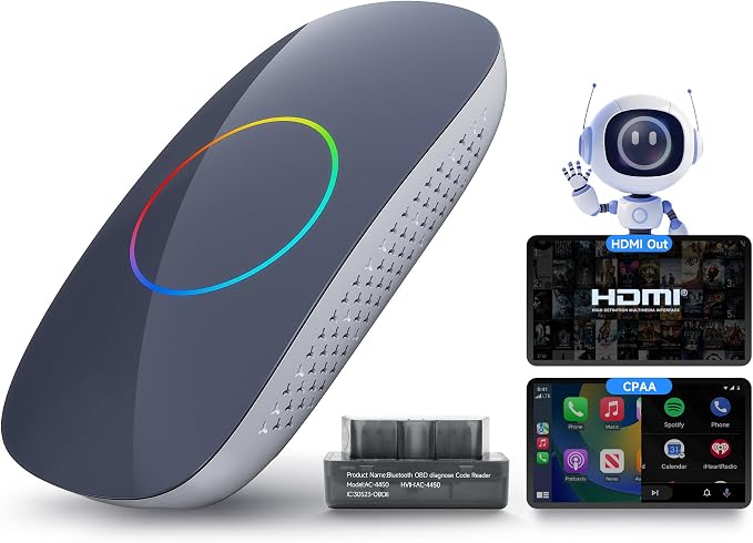 Wireless Carplay Adapter - Magic AI Box CarPlay Android Auto Wireless, Dual Wi-Fi & BT USB Playback, AI-Powered, OTA, Video Box for YouTube, Netflix, CB4CT-GY