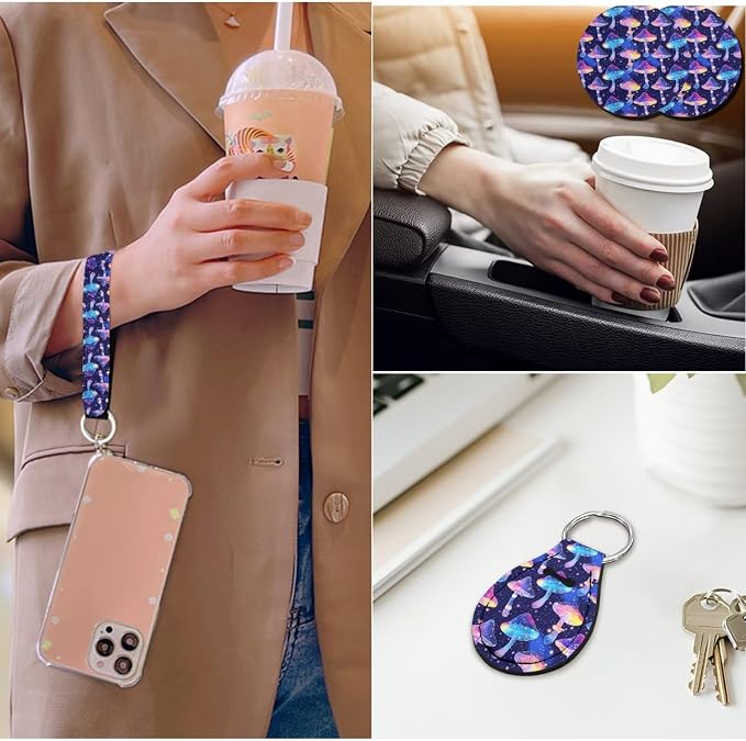14 Piece Mushroom Car Seat Cover Set with Armrest Steering Wheel Cover Headrest Cover Car Cup Holder Coasters Seat Belt Pad and Key Chain Universal Fit Most Cars SUV Trucks,Purple