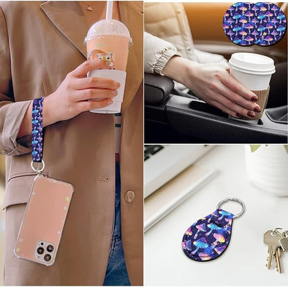 14 Piece Mushroom Car Seat Cover Set with Armrest Steering Wheel Cover Headrest Cover Car Cup Holder Coasters Seat Belt Pad and Key Chain Universal Fit Most Cars SUV Trucks,Purple
