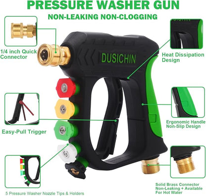 DUSICHIN Pressure Washer Gun Foam Cannon Dual Connector Shift Valve, Car Wash Foam Cannon Kit 1/4 Inch Quick Connector 5 Pressure Washer Nozzle Tips Build-in Design Work with A Pressure Washer DUS2703