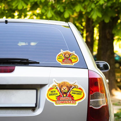 3 Pcs Reflective Student Driver Magnet and Stickers Set - Funny Animal New Driver Safety Signs for Car, Waterproof & Weatherproof High Visibility Vehicle Bumper Decals, Magnet + Stickers (Highland)