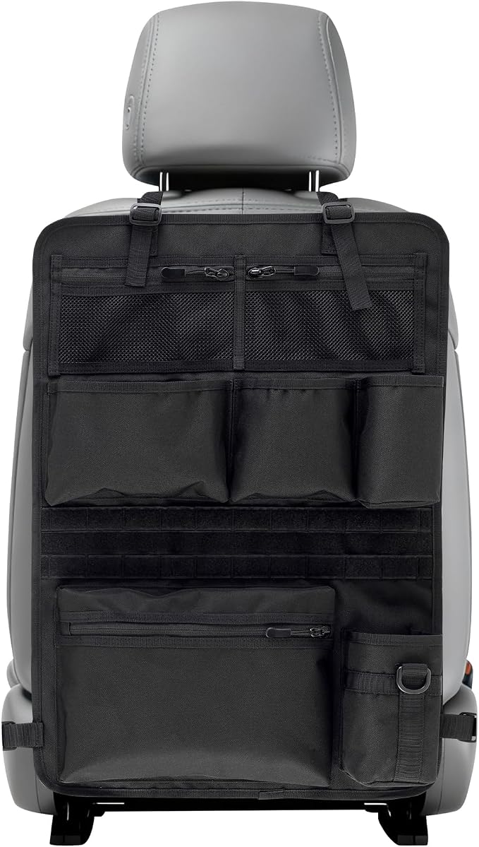 Backseat Car Organizer,Tactical Car Seat Back Organizer, Kick Mats Back Seat Protector with Three Zippered Storage pockets, Travel Accessories with 8 Storage Pockets And DIY zone (Black)