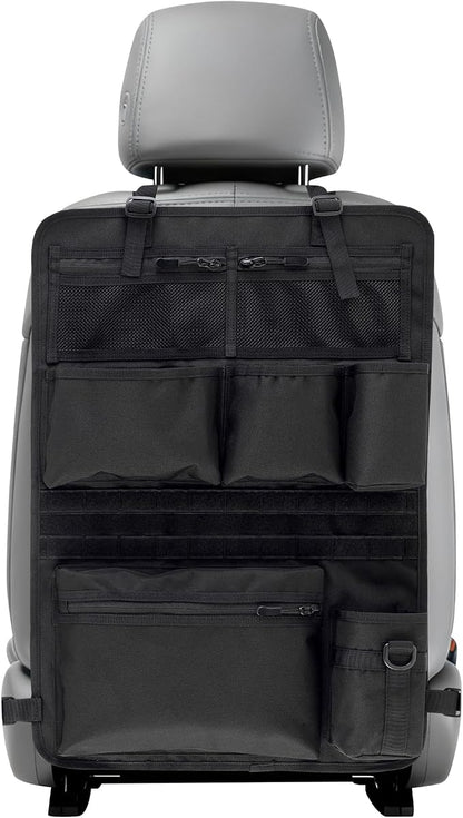 Backseat Car Organizer,Tactical Car Seat Back Organizer, Kick Mats Back Seat Protector with Three Zippered Storage pockets, Travel Accessories with 8 Storage Pockets And DIY zone (Black)