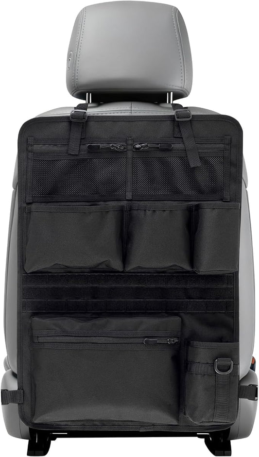 Backseat Car Organizer,Tactical Car Seat Back Organizer, Kick Mats Back Seat Protector with Three Zippered Storage pockets, Travel Accessories with 8 Storage Pockets And DIY zone (Black)