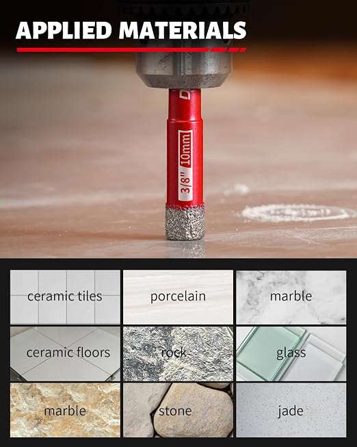 DAYDOOR Dry Diamond Drill Bits Set, 1/4" 5/16" 3/8" 1/2" Diamond Hole Saw Kit for Porcelain Tile Ceramic Glass Marble Granite, Tile Drill Bits with Cooling Wax, Round Shank (10-Piece)