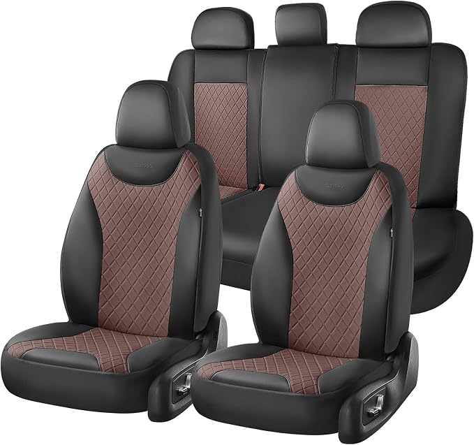 Coverado Car Seat Covers Full Set, Leather Seat Covers for Front and Back Seat, Waterproof Car Seat Protectors with Splicing Design, Automotive Seat Cushions Universal for Most Cars, Black & Coffee