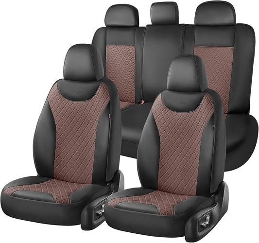 Coverado Car Seat Covers Full Set, Leather Seat Covers for Front and Back Seat, Waterproof Car Seat Protectors with Splicing Design, Automotive Seat Cushions Universal for Most Cars, Black & Coffee