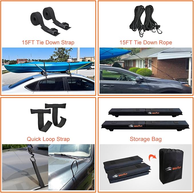 MeeFar Universal Car Soft Roof Rack Pads Luggage Carrier Rack for Kayak Surfboard SUP Canoe Include 2 Heavy Duty Tie Down Straps, 2 Tie Down Rope, 2 Quick Loop Strap