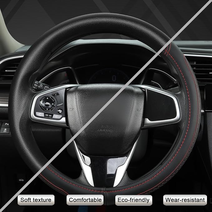 West Llama Customized Auto Car Steering Wheel Cover for Honda Accord Civic CR-V HR-V Pilot Fit Passport Odyssey 14.5-15inch(Black+Red Line-Standard Size)