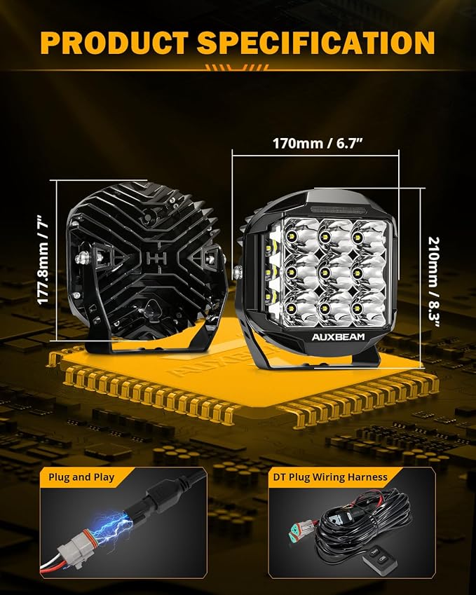 Auxbeam 7 Inch LED Pod Light, V-MAX Series 228W Off-Road Driving Side Shooter Cube Lights with Amber DRL & Backlight, 270° Super Bright Spot Flood Combo Pod with Cover for Trucks SUV UTV ATV