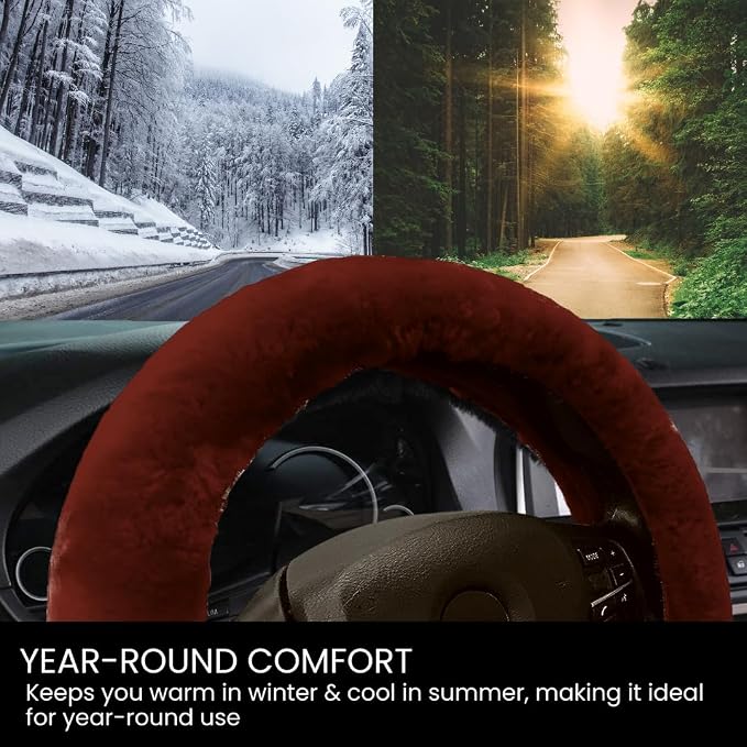 Andalus Brands Luxury Fluffy Car Steering Wheel Covers – Genuine Merino Sheepskin, Soft Fuzzy Car Steering Wheel Cover for Women, Universal 14.5-15" Size, Plush Fur Cute Auto Accessories, Saddle Brown
