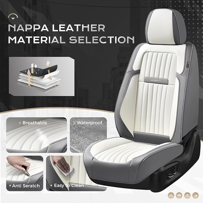 Coverado Car Seat Covers Front Seats, Seat Covers for Cars, Car Seat Protector, 2-Pack Car Seat Cushion Nappa Leather, Waterproof Seat Covers Carseat Cover Universal Fit for Most Cars(Gray&White)