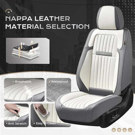 Coverado Car Seat Covers Full Set, Seat Covers for Cars, Car Seat Cover, Car Seat Protector, Leather Car Seat Cushion, Waterproof Car Seat Covers Front Seats and Back Fit for Most Cars(Gray&White)
