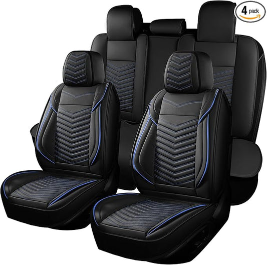 HChengkikz Car Seat Covers, Breathable and Waterproof Faux Leather Automotive Seat Covers, Universal Anti-Slip Driver Seat Cover for Cars SUV Pick-up Truck Sedan (5 PCS Full Set, Black + Blue)
