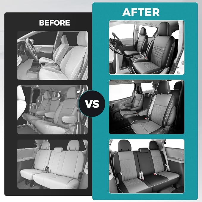 Customized for Toyota Sienna Seat Covers 2011-2020 Sienna 8 Seats 3 Row, Leather Car Seat Covers Waterproof Seat Covers Full Set for Cars, Car Seat Protectors, Airbag Compatible(BlackGrey)