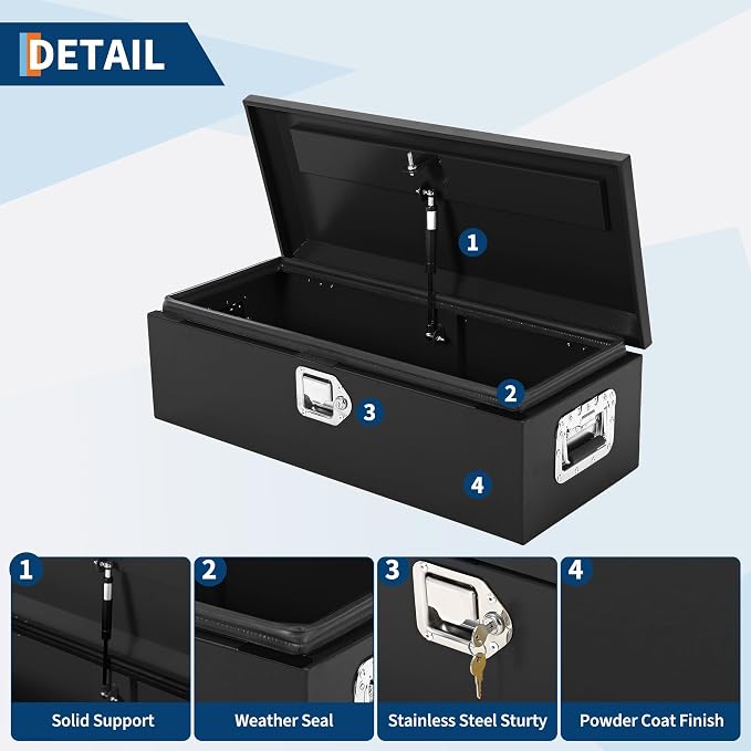 Garvee Black Steel Truck Bed Tool Box, Diamond Plate Tool Box with Side Handle and Lock Keys, Storage Toolbox Chest Box Organizer for Pickup, Truck Bed, RV, Trailer
