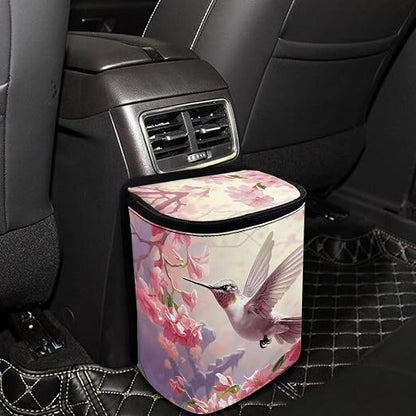 Talayituse Hummingbird Cherry Blossom Print Car Trash Can with Lid, Leak Proof Auto Trash Bag Hanging Vehicle Garbage Can Multipurpose Storage Container for Back Seat Road Trip