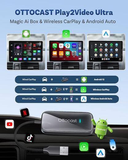 OTTOCAST 2026 Play2Video Ultra Magic AI Box Car Streaming Devices, Wireless CarPlay Android Auto Video Adapter 3 in 1 Built-in Netflix/YouTube Android 12 System