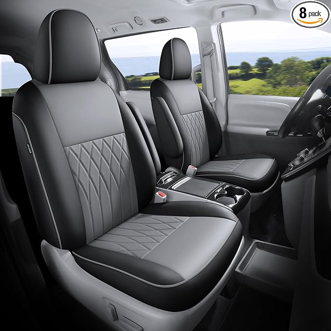 Customized for Toyota Sienna Seat Covers 2011-2020 Sienna 8 Seats 3 Row, Leather Car Seat Covers Waterproof Seat Covers Full Set for Cars, Car Seat Protectors, Airbag Compatible(BlackGrey)