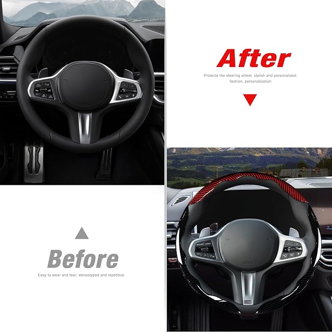 Car Steering Wheel Cover Set Bright Carbon Fiber Wrap Non-Slip 3pcs Steering Wheel Accessories 14.5-15 inch Universal (Red Black)
