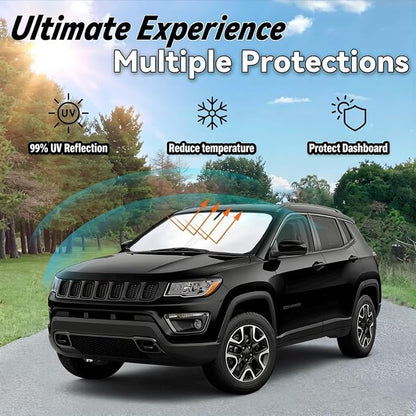 Windshield Sun Shade for Jeep Compass 2017-2025, Car Front Window Sunshade with 240T Sun Visor Protector Blocks UV Rays Heat Sun Shield Accessories