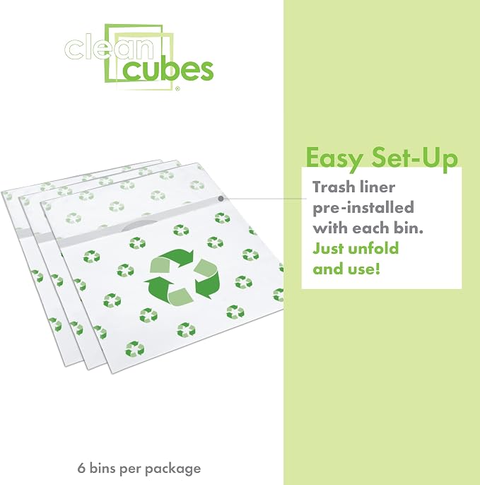 Clean Cubes 13 Gallon Disposable Pop-Up Trash Cans (6-Pack) with Fitted Bags – Foldable Garbage & Recycling Bins for Parties, Events & Kitchen (Recycle, 17" H x 13.5" W x 10" D)