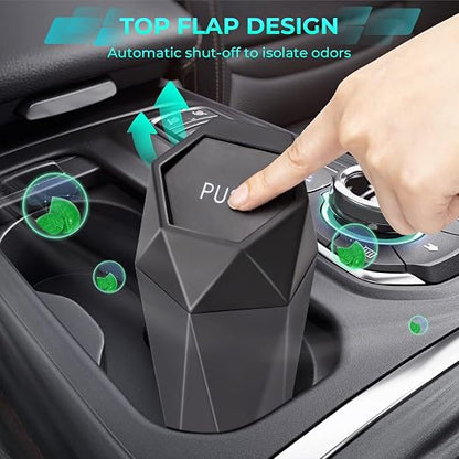 Car Trash Can with Lid, 2 Packs Diamond Design Mini Cup Holder Trash Can for Car, Office, Home Use, Black