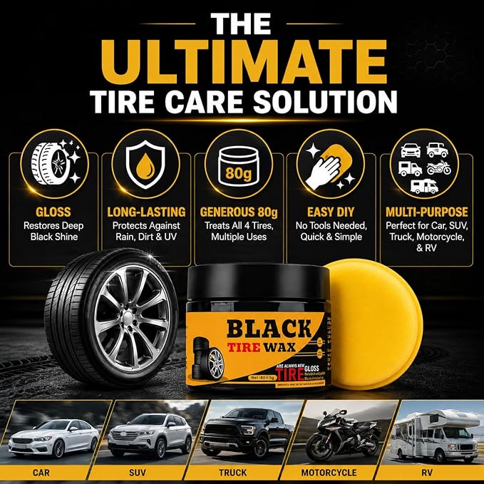 XIRUJNFD 80g Premium Tire Coating & Trim Restorer, Restores Deep Black Shine on Rubber, Tire Shine Polishing Paste with Sponge, Long-Lasting Coating Protection for Car, Truck, Motorcycle, RV (3)