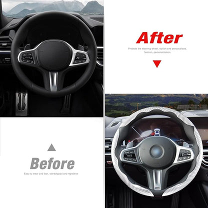 Car Steering Wheel Cover Set Bright Carbon Fiber Wrap Non-Slip 3pcs Steering Wheel Accessories 14.5-15 inch Universal (White)