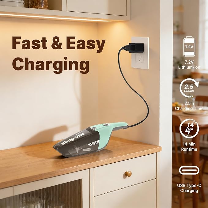 Shop-Vac Wet/Dry Handheld Vacuum Cordless, Powerful Portable Car Vacuum Rechargeable, Wall-Mounted Hand Vac with Crevice Tool, Lightweight Hand Vacuum for Home & Car, Washable Filter, Green