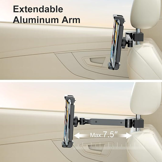 UPERGO Headrest Car Tablet Holder - [Long Aluminum Extension Arm] [Ultra-Compact] Foldable iPad Holder for Car Backseat, Road Trip Essentials iPad Back Seat Mount, Tablet Headrest Mount