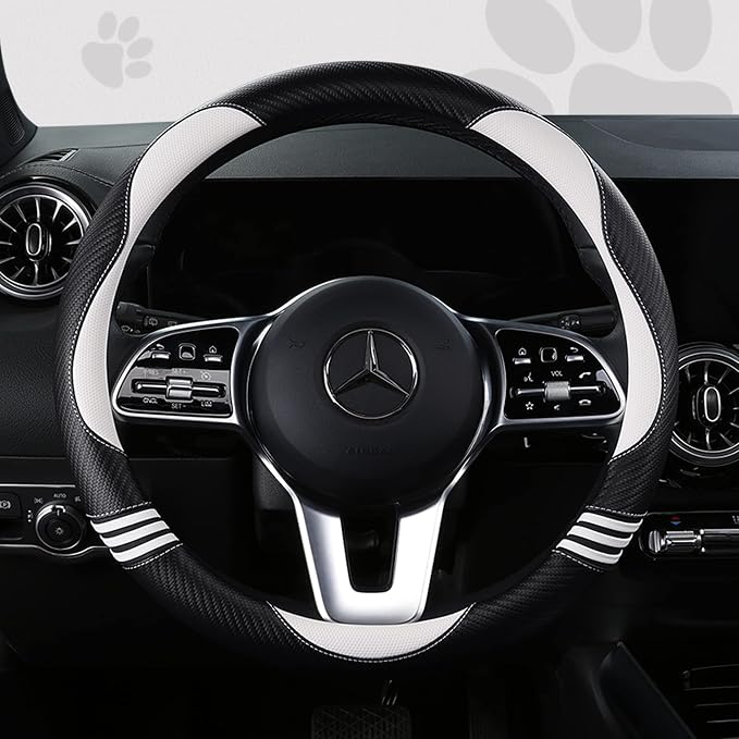HighnessHwoo Car Steering Wheel Covers for Women Girl Padded Carbon Fiber PU Leather Cute Cartoon Auto Interior Accessories for Jeep, Truck, Universal, Anti Slip, White, Large Size, 15.2-16in