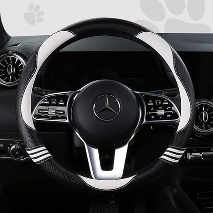 HighnessHwoo Car Steering Wheel Covers for Women Girl Padded Carbon Fiber PU Leather Cute Cartoon Auto Interior Accessories for Jeep, Truck, Universal, Anti Slip, White, Large Size, 15.2-16in