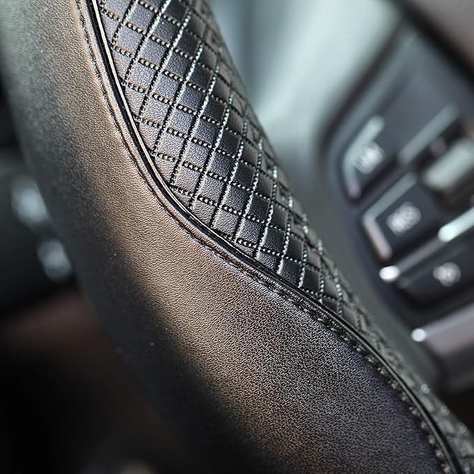 Valleycomfy Steering Wheel Covers Universal 15 inch - Genuine Leather, Breathable, Anti Slip & Odor Free (Black with Black Lines, M(14" 1/2-15" 1/4))