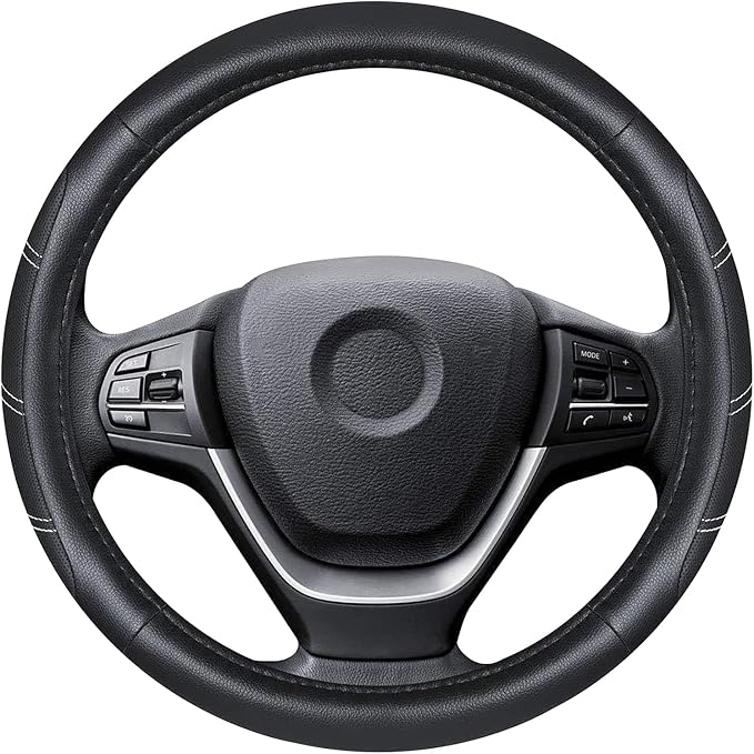 Black Line Punching Car Steering Wheel Cover, Microfiber Leather Sports, 14.5-15 in Universal Leather Wheel Covers, Breathable Fashion Anti-Slip, Steering Wheels Accessories for Men Women