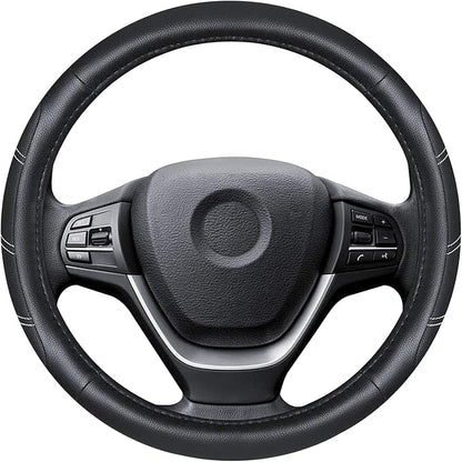 Black Line Punching Car Steering Wheel Cover, Microfiber Leather Sports, 14.5-15 in Universal Leather Wheel Covers, Breathable Fashion Anti-Slip, Steering Wheels Accessories for Men Women