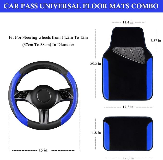 CAR PASS Faux Leather Steering Wheel Cover and Waterproof Car Floor Mats,Universal Car Combo Fit for 95% Sedan,SUV,Cars,14.5-15inch Sporty Anti-Slip Safety Comfortable Design(Black＆Bule)