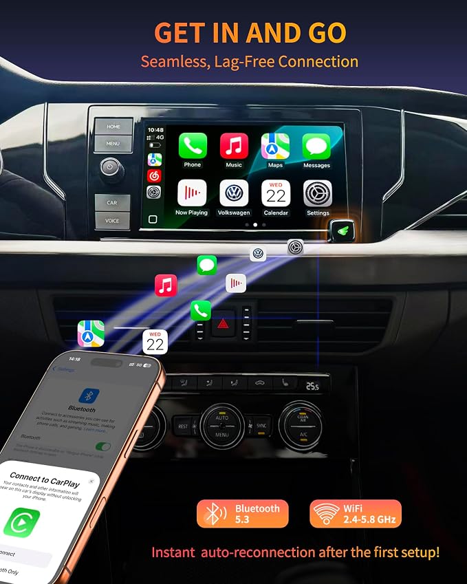 Wireless CarPlay Adapter for iPhone (iOS 10+) & Android Auto Converter (Android 11+), Plug & Play Dongle for Cars 2016+, Wired to Wireless