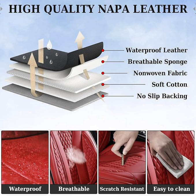 Coverado Car Seat Covers, Rear Car Seat Cover, 3-Pieces Leather Seat Cover, Red Car Seat Cushion, Luxury Seat Cover Seat Protector Universal Fit Most Cars