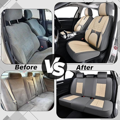 Khaki Car Seat Cover Complete Set, Universal Car Seat Cover for Car with Lumbar Support, Premium Artificial Leather, Waterproof and Easy to Clean, Airbag Compatible, Seat Heating Compatible