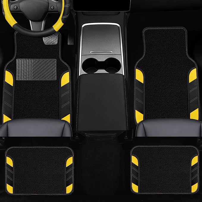 NBTEPEM 10 Pcs Car Floor Mats Full Set & Sport Leather Steering Wheel Cover 14.5-15 inch, Center Console Cover, Seat Belt Cushion, Cup Holder Coaster, Universal Automobile Interior Sets (Yellow)