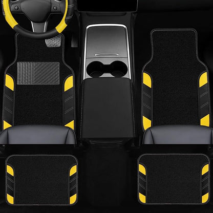 NBTEPEM 10 Pcs Car Floor Mats Full Set & Sport Leather Steering Wheel Cover 14.5-15 inch, Center Console Cover, Seat Belt Cushion, Cup Holder Coaster, Universal Automobile Interior Sets (Yellow)